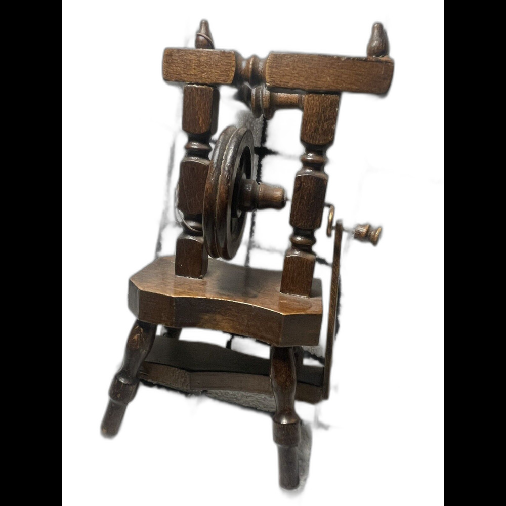 Vintage Miniature Wooden Spinning Wheel Signed Dropa Folk Art Decor Collectible